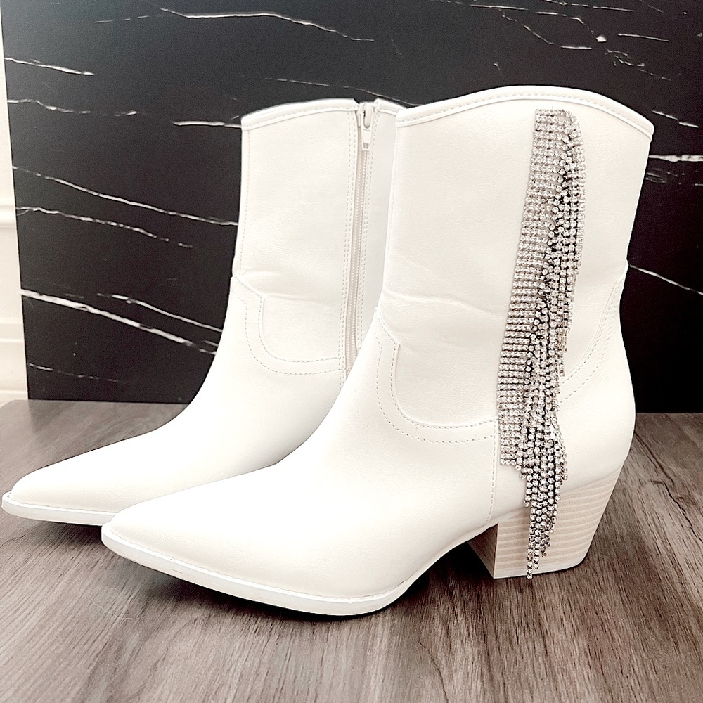 Altar’d State White Cowboy Booties with Rhinestones